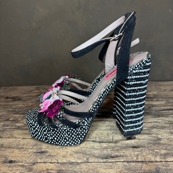 Betsey Johnson Marlo Platform Heels Women’s 7.5 Black Rhinestone Floral - Picture 6 of 14